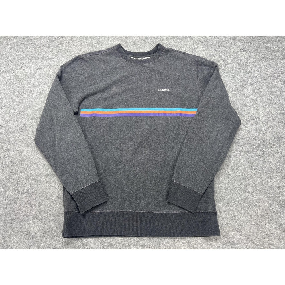 Patagonia Sweatshirt Mens Medium Gray Stripe Logo Graphic Crew Neck Pullover
